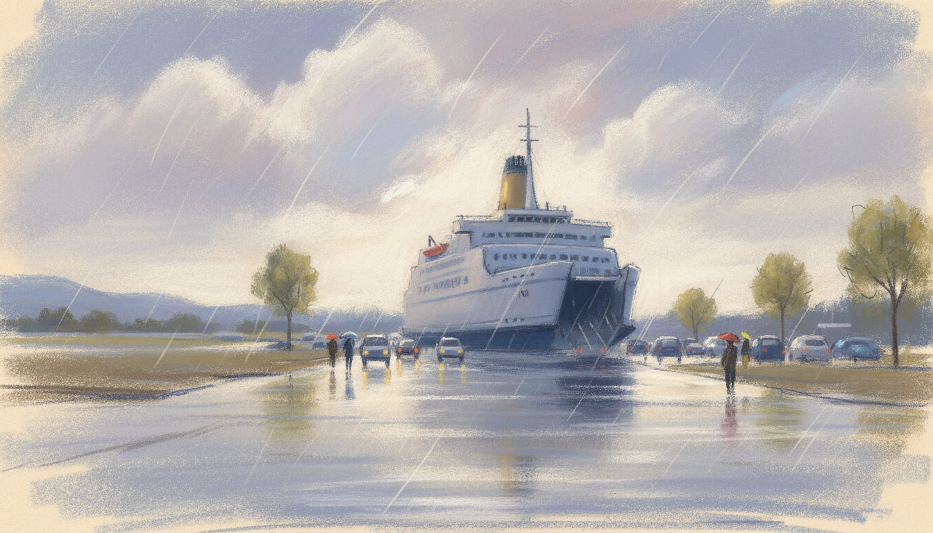 a ferry queue in the rain