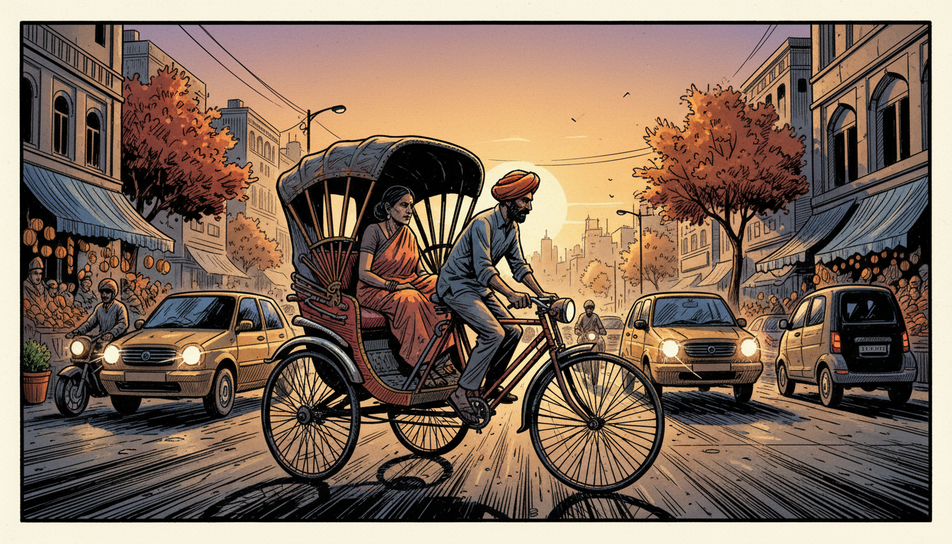 a rickshaw in evening traffic