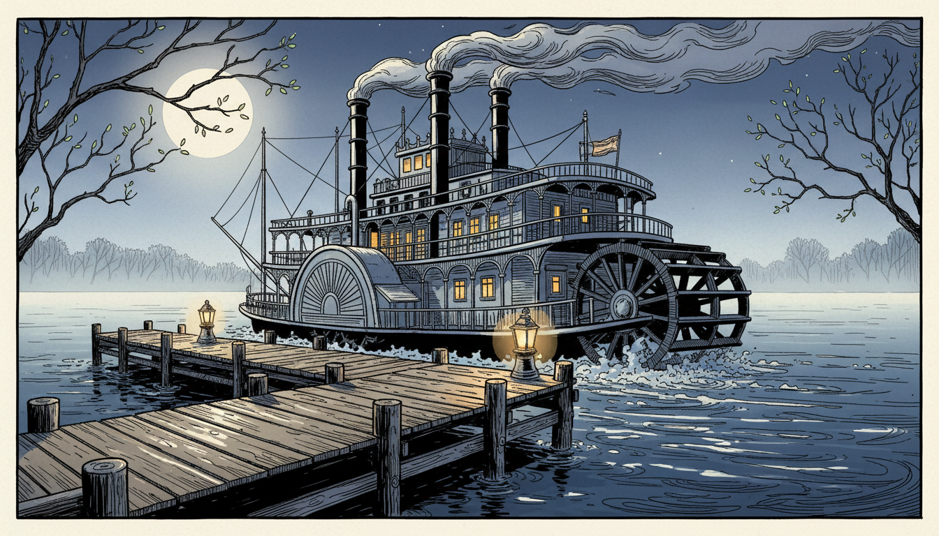 a paddle steamer at a wooden pier