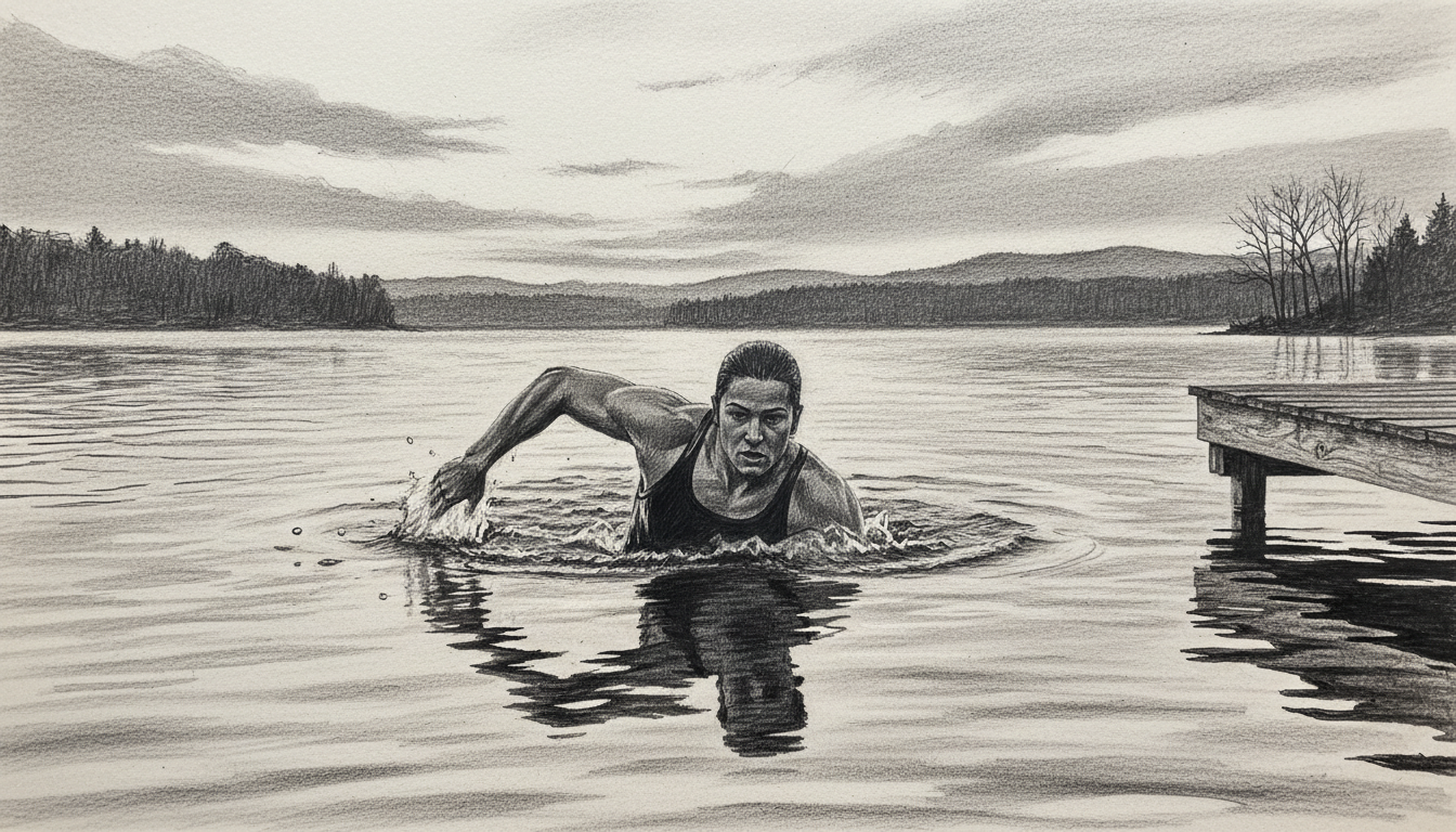 a swimmer in a lake at dawn