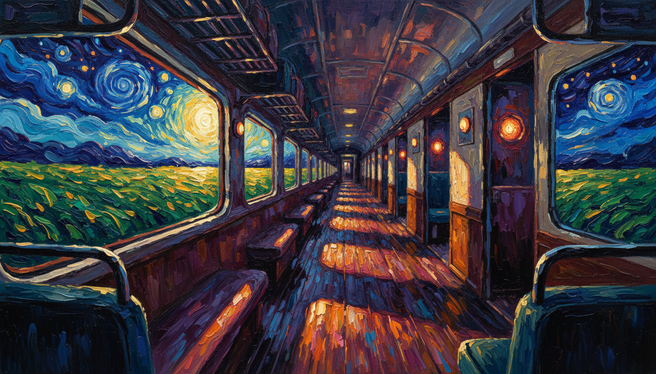 a sleeper train, the corridor at night