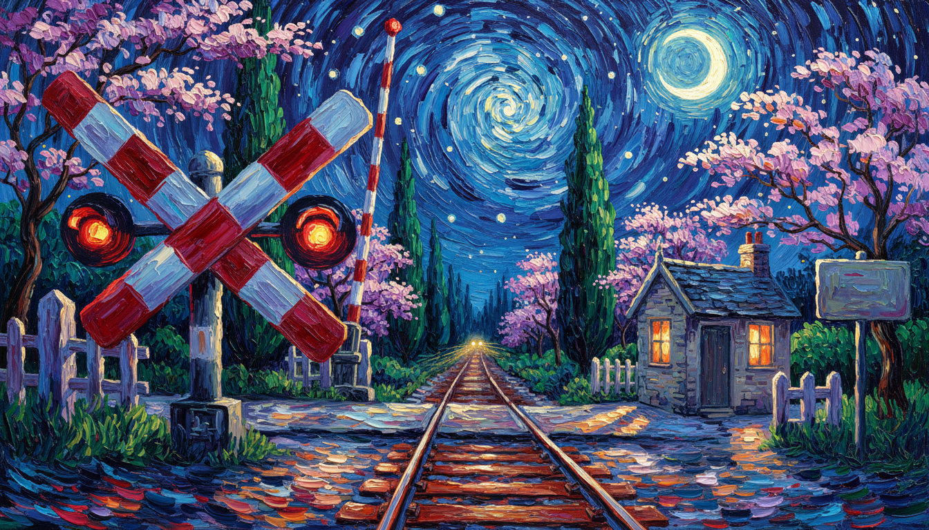 a level crossing with the barriers down
