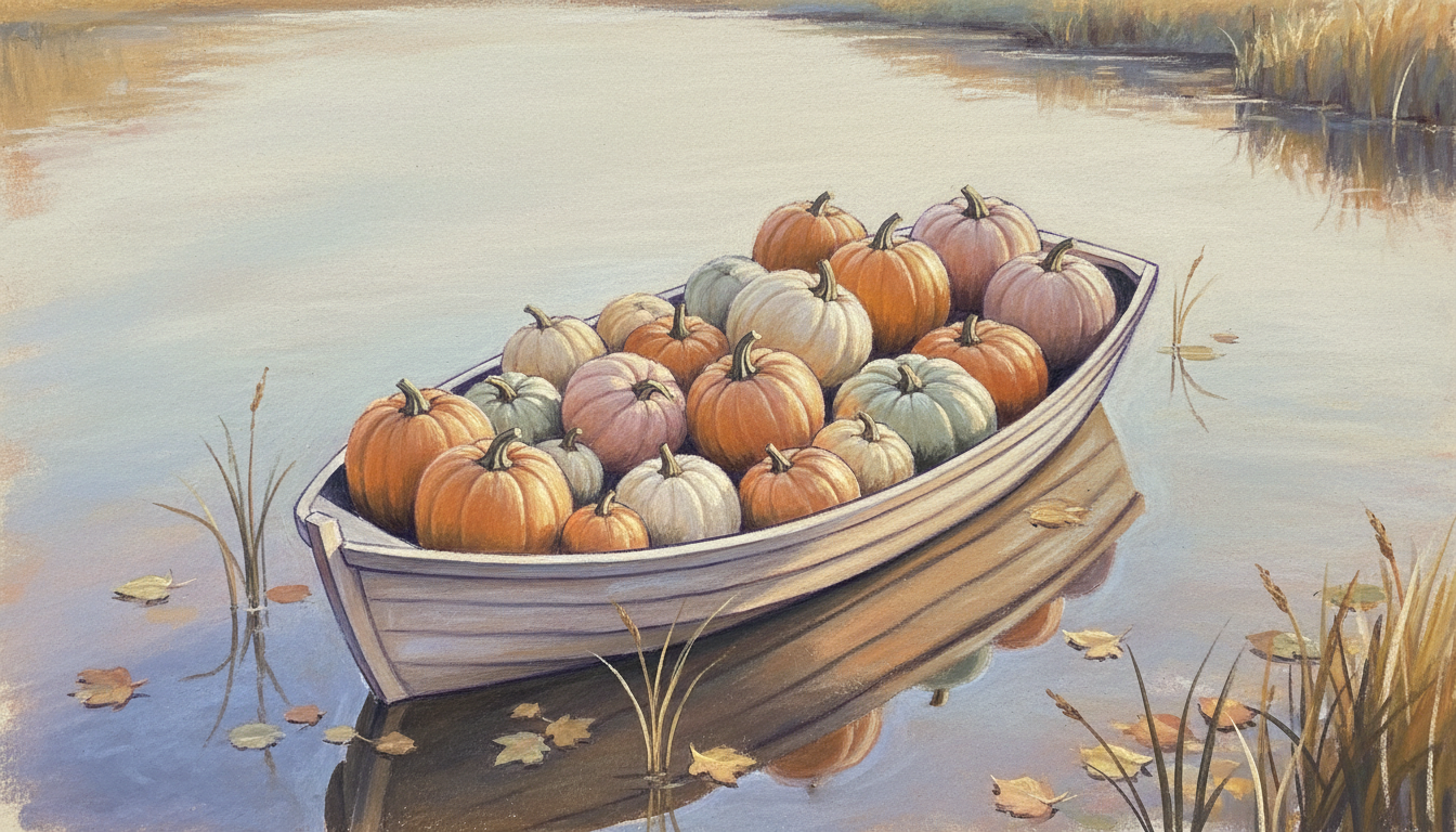 a rowboat full of pumpkins