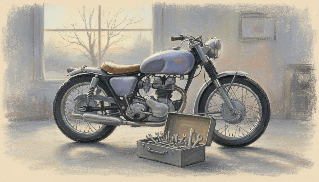 an old motorcycle and a full toolbox