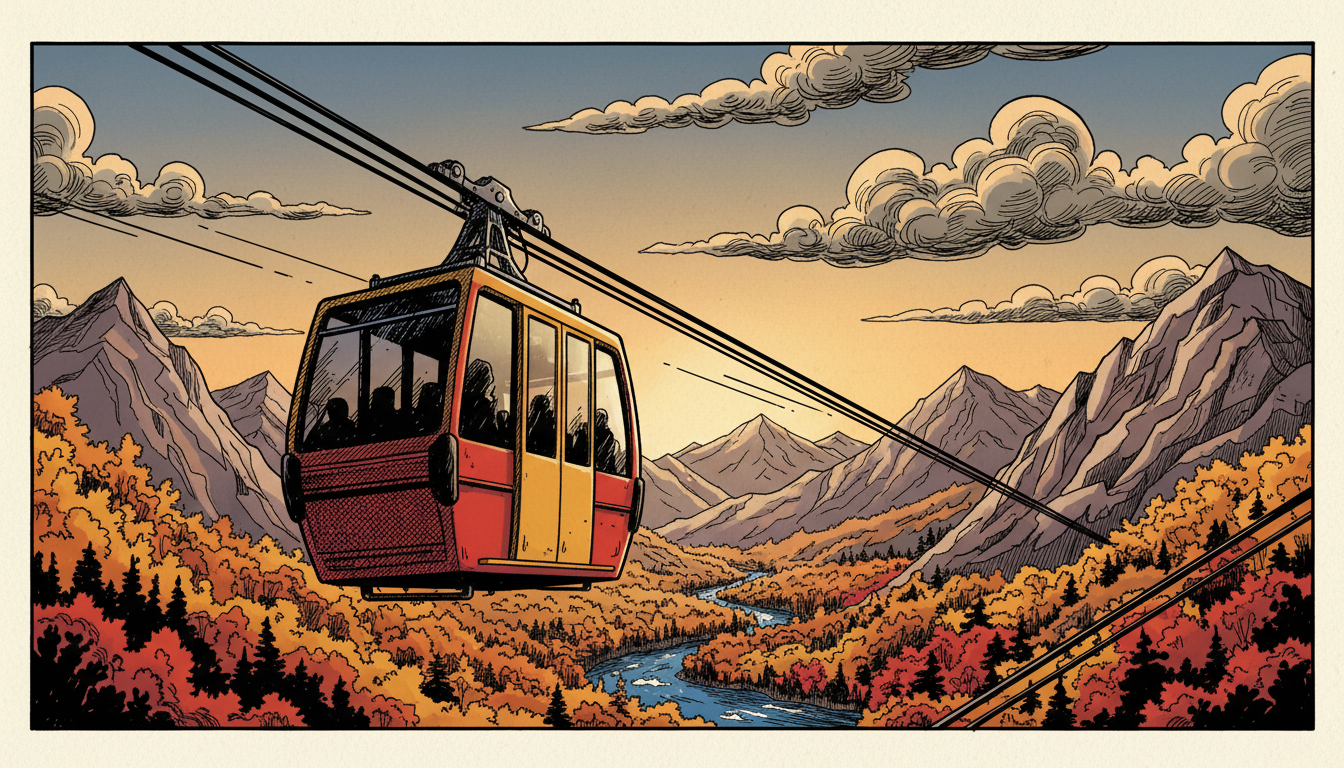 a cable car halfway across a valley