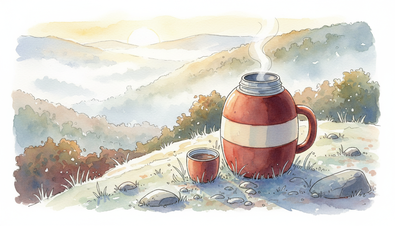 a thermos opened on a cold hillside
