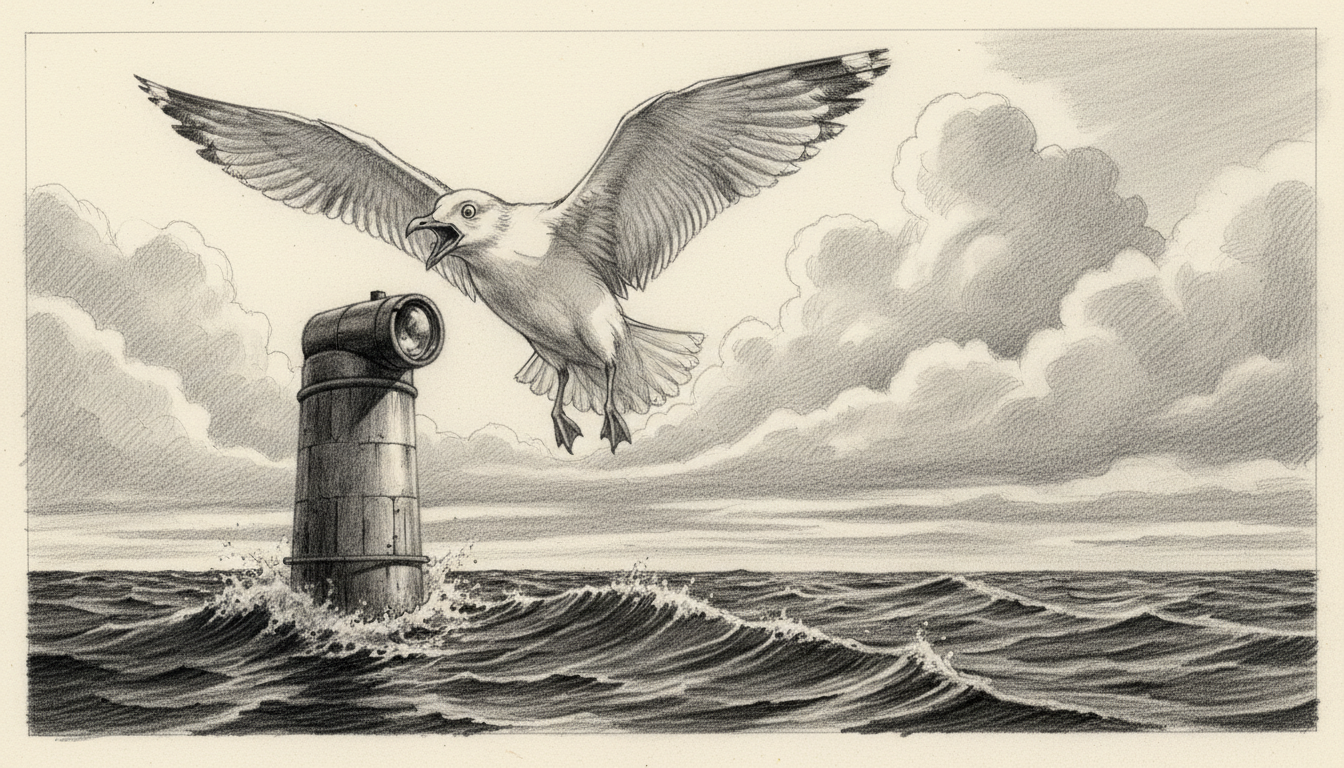 a submarine's periscope and a very surprised gull