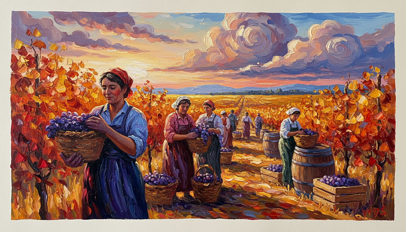 a wine harvest, everyone's hands purple