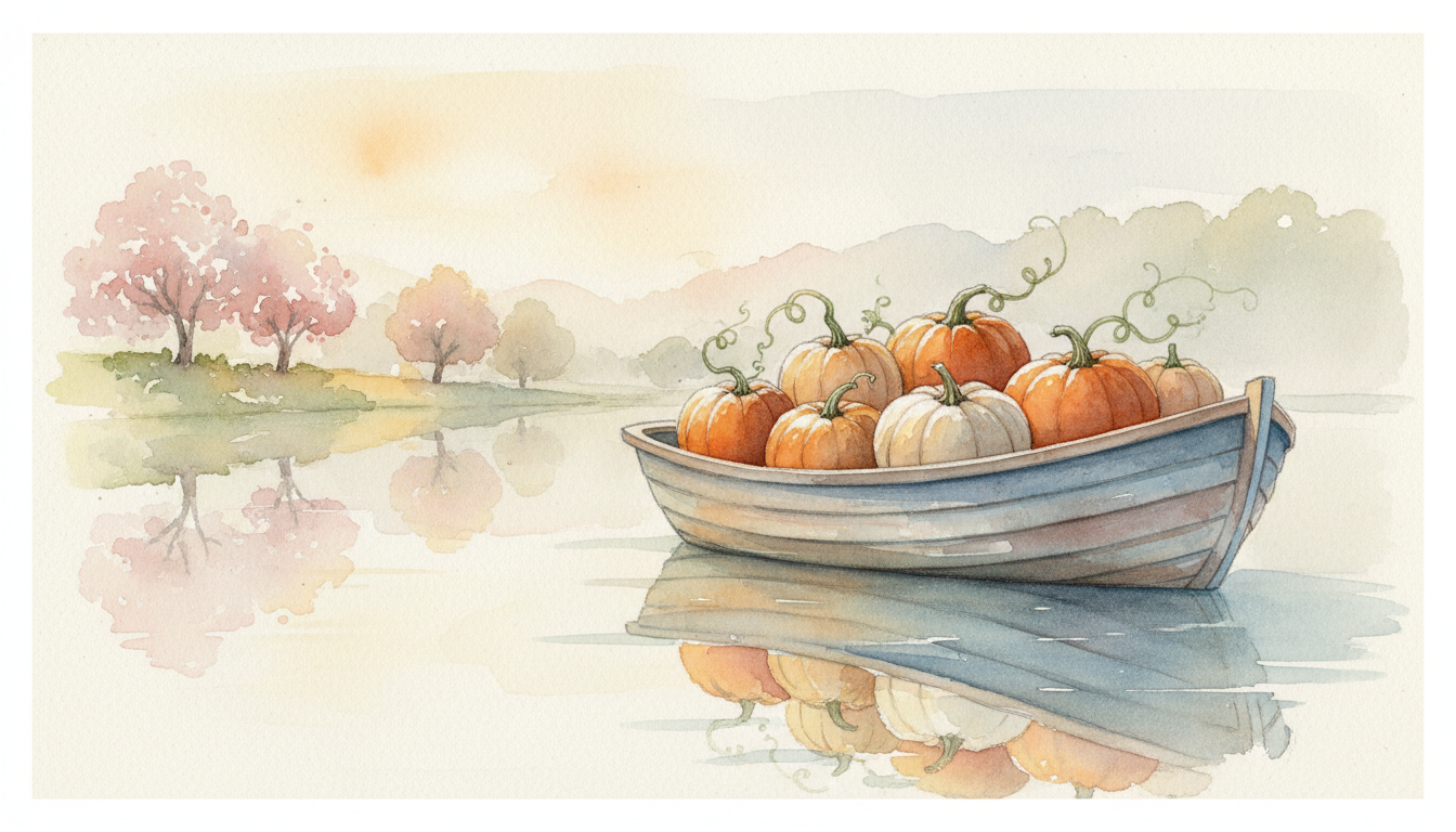 a rowboat full of pumpkins