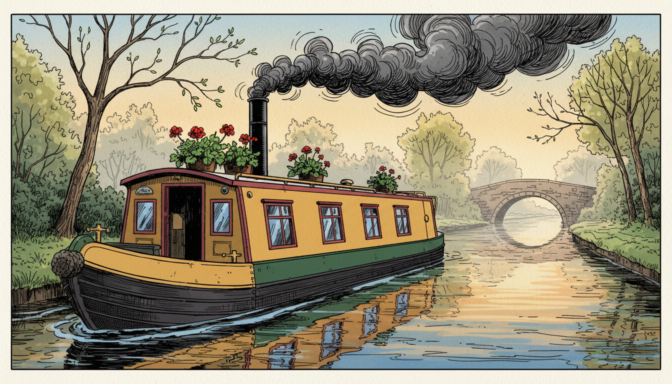 a canal boat with a chimney smoking
