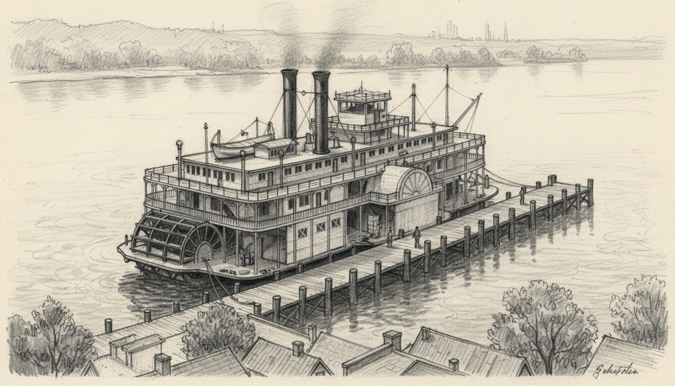 a paddle steamer at a wooden pier