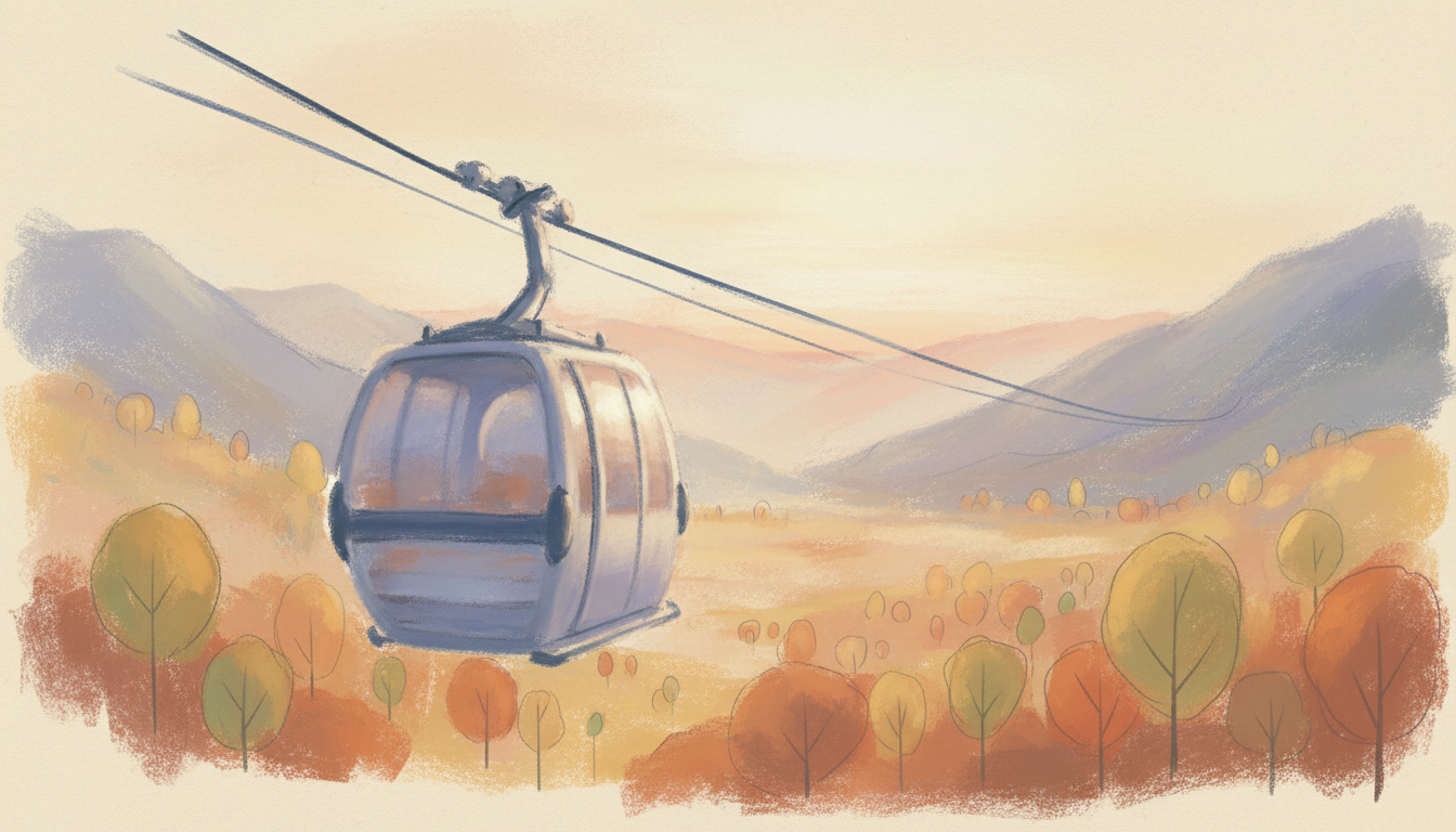 a cable car halfway across a valley