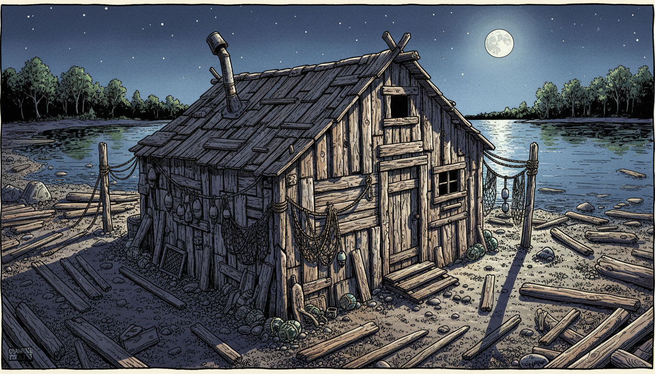a fisherman's shed built of driftwood