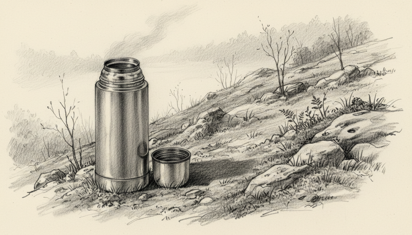a thermos opened on a cold hillside