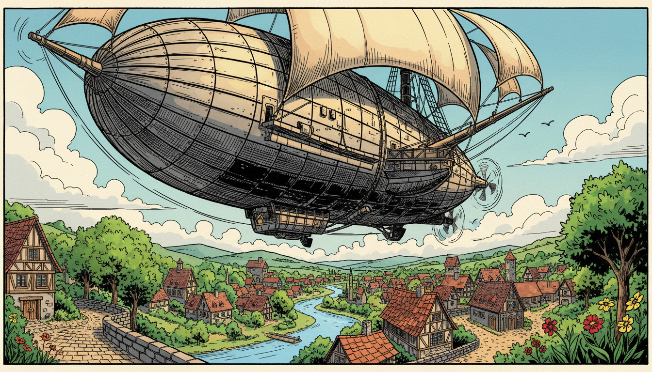an airship over a small town