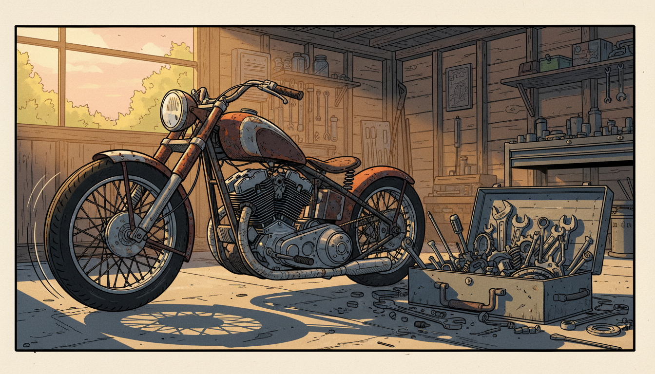an old motorcycle and a full toolbox