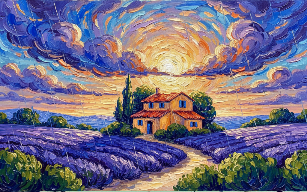 rolling lavender fields with a lone farmhouse under a big sky, peaceful