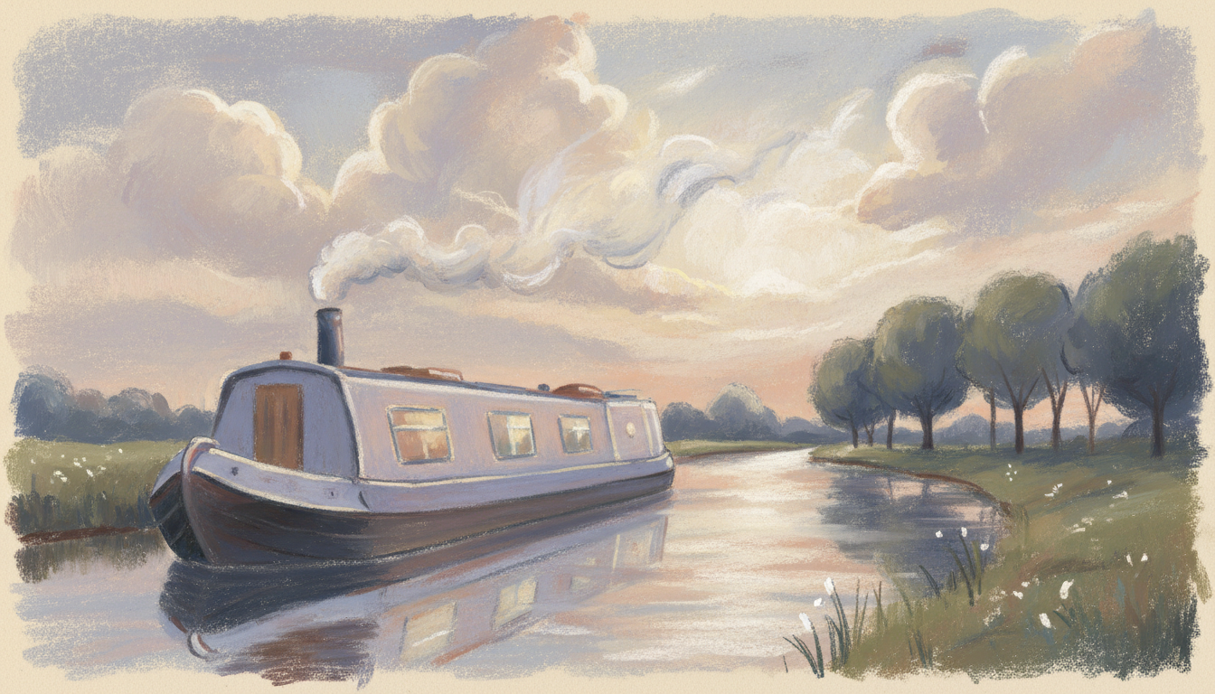 a canal boat with a chimney smoking