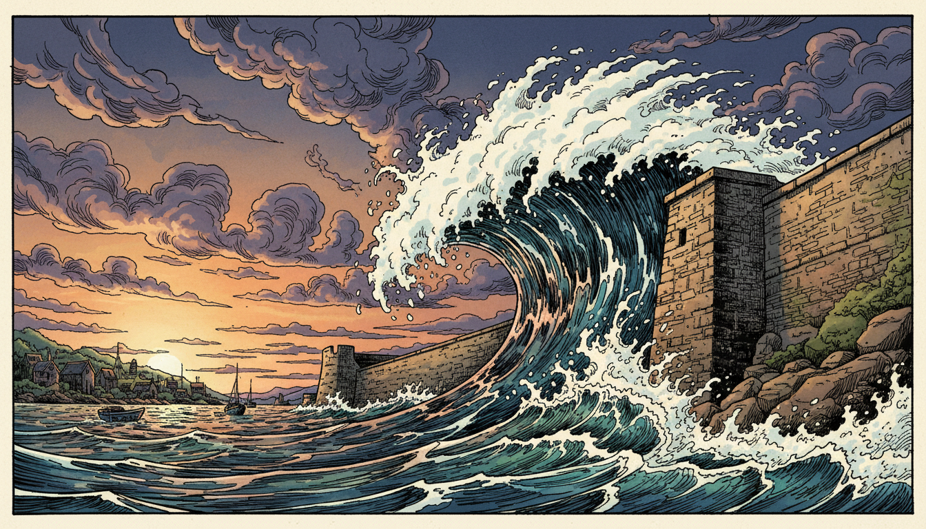 a harbour wall taking a wave
