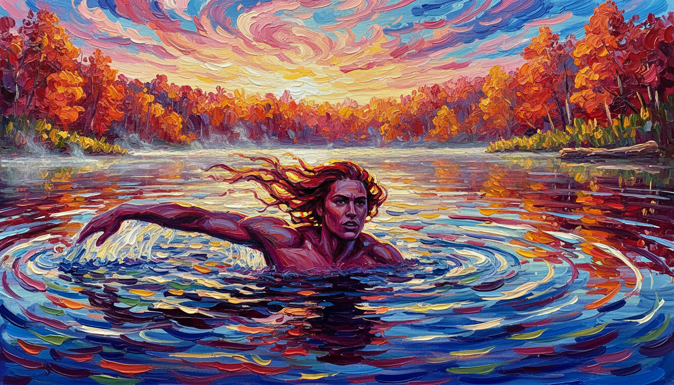 a swimmer in a lake at dawn