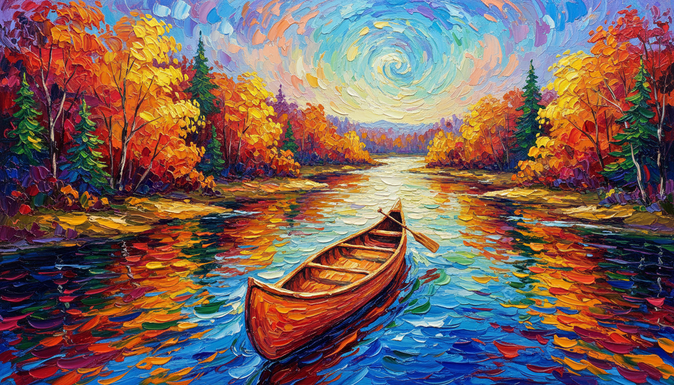 a canoe on a river in autumn