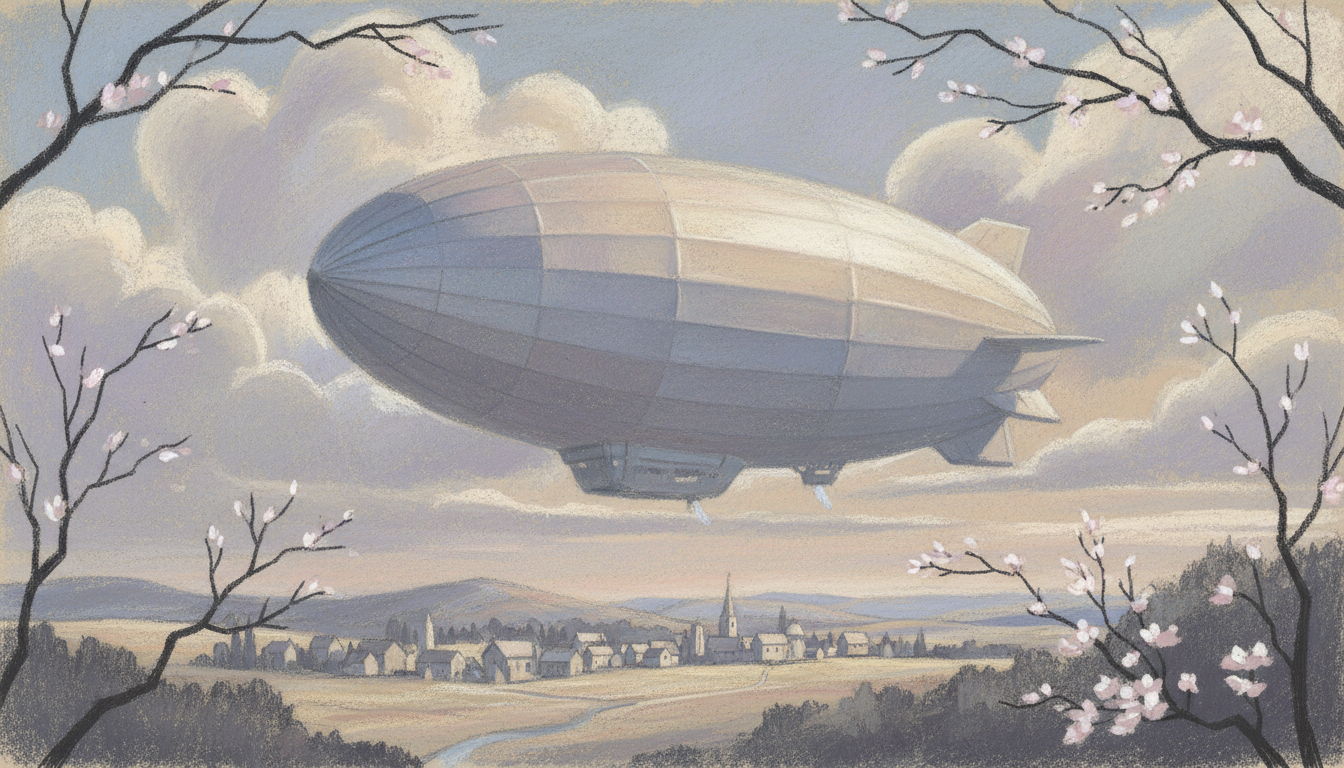 an airship over a small town