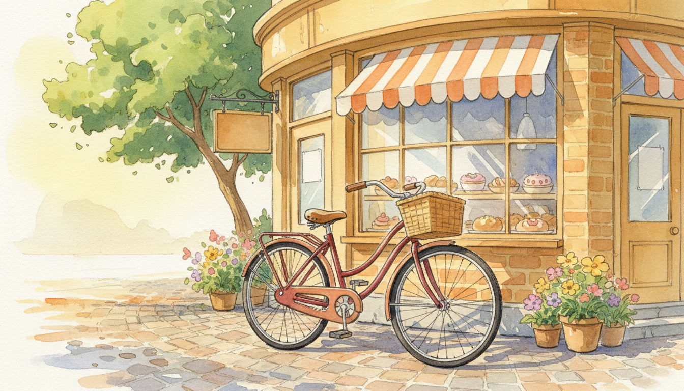 a bicycle propped against a bakery