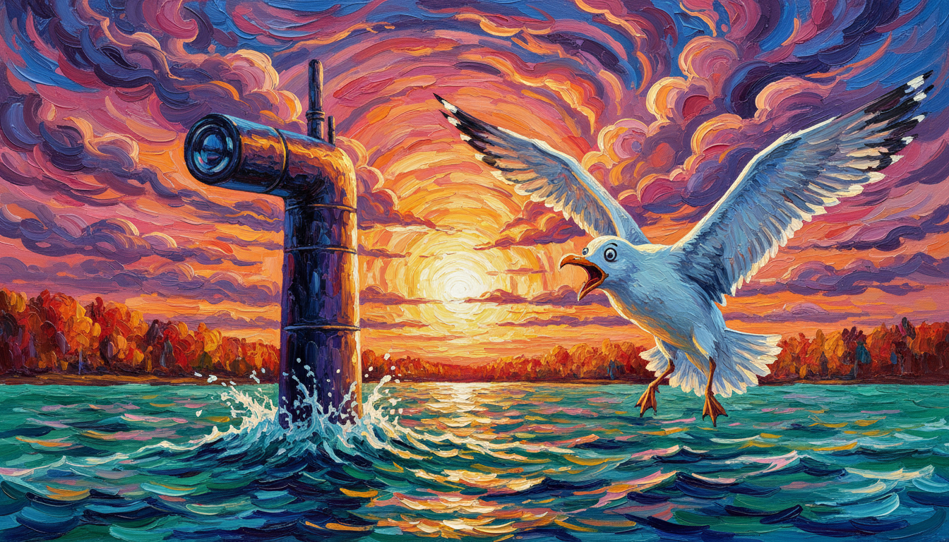 a submarine's periscope and a very surprised gull