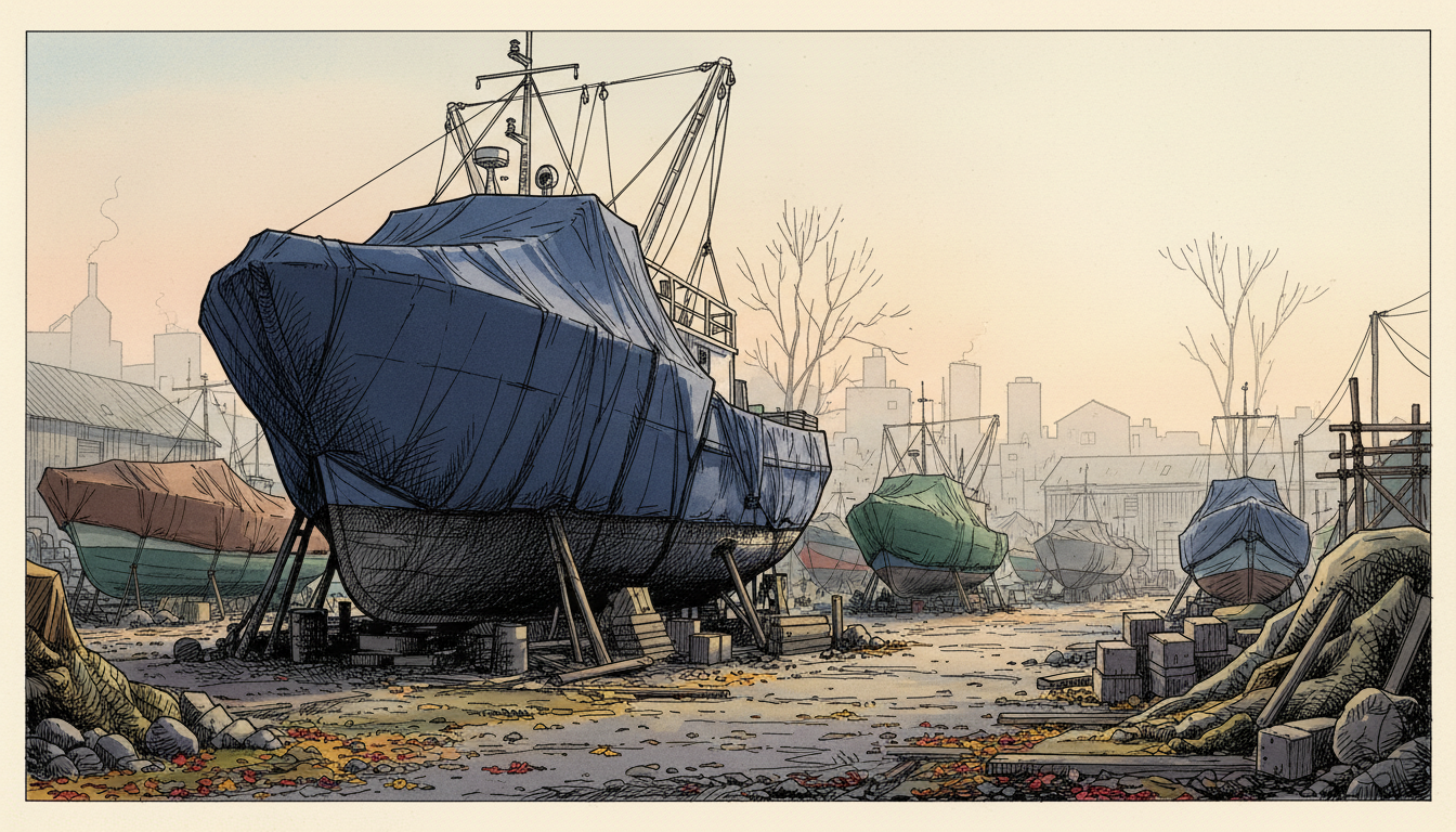 a boatyard in winter, everything covered