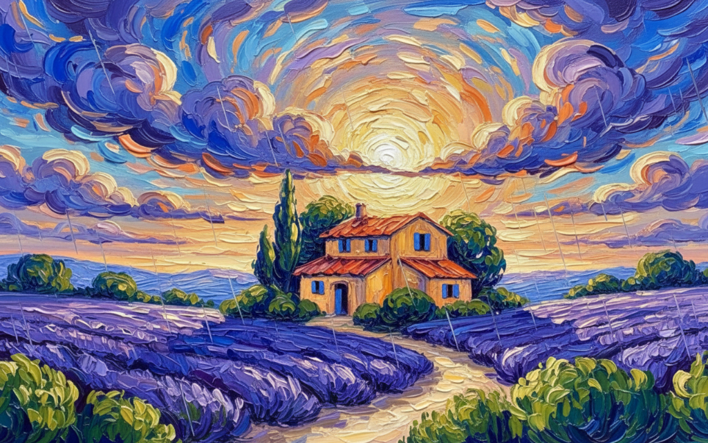 rolling lavender fields with a lone farmhouse under a big sky, peaceful
