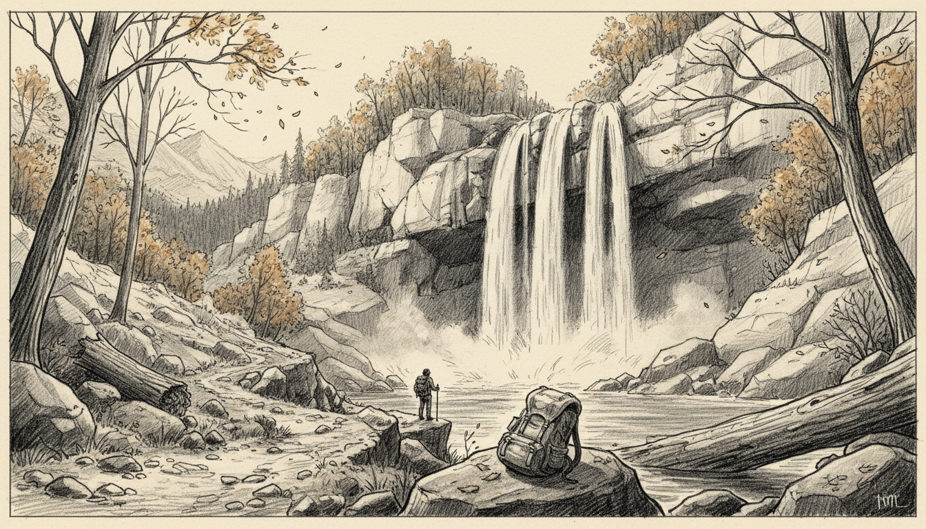 a waterfall reached after a long walk