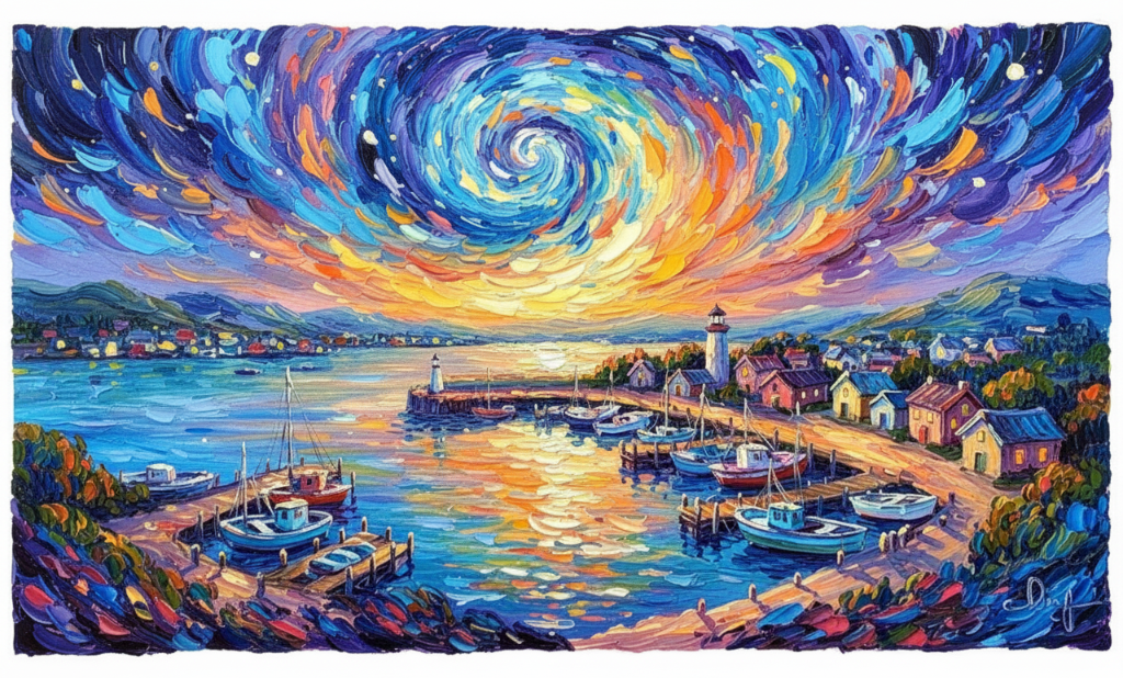 a small fishing harbor under a swirling starry night sky, dreamy and hazy