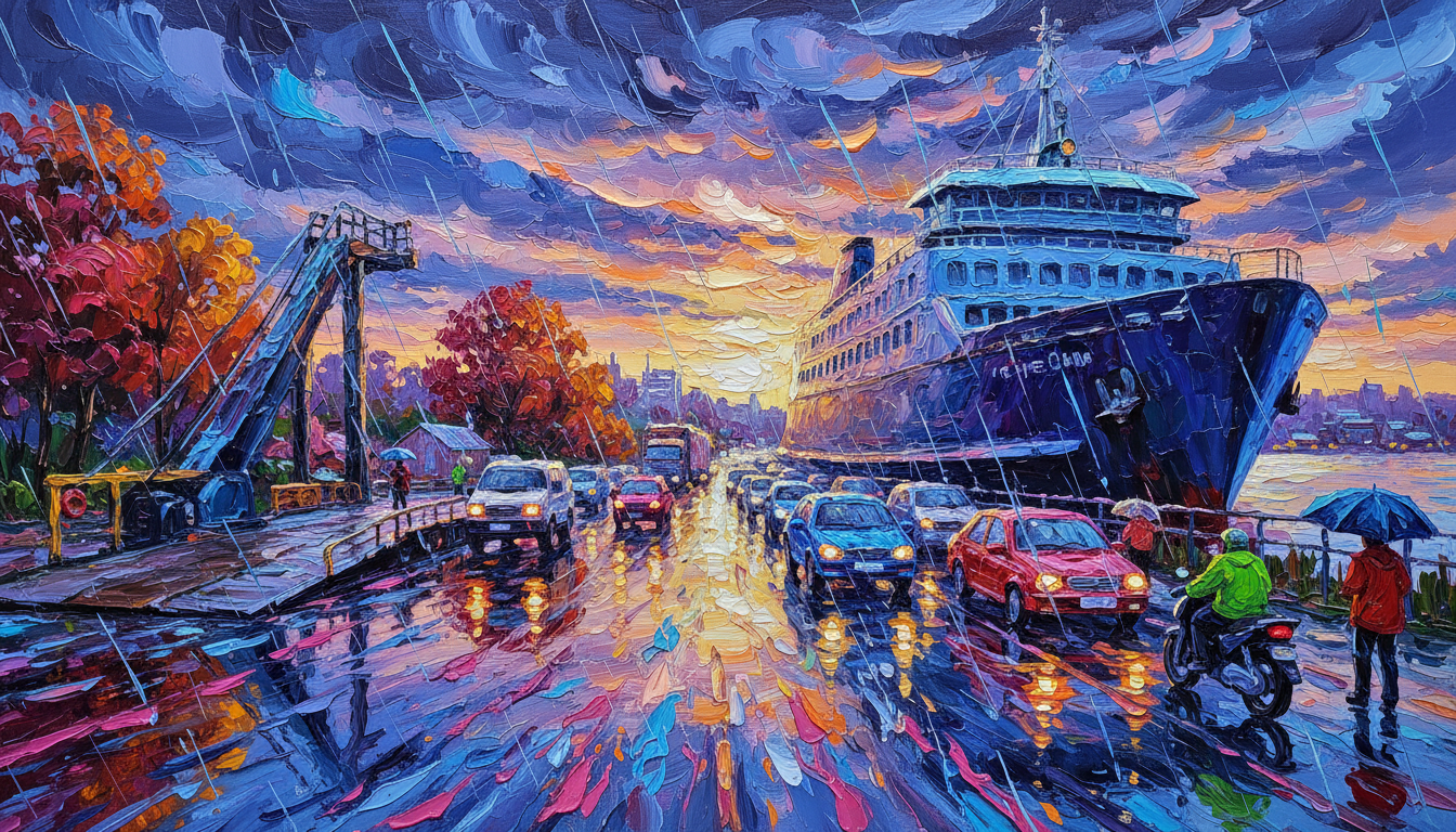 a ferry queue in the rain