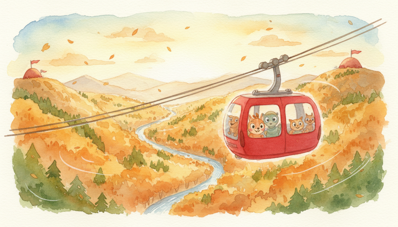 a cable car halfway across a valley