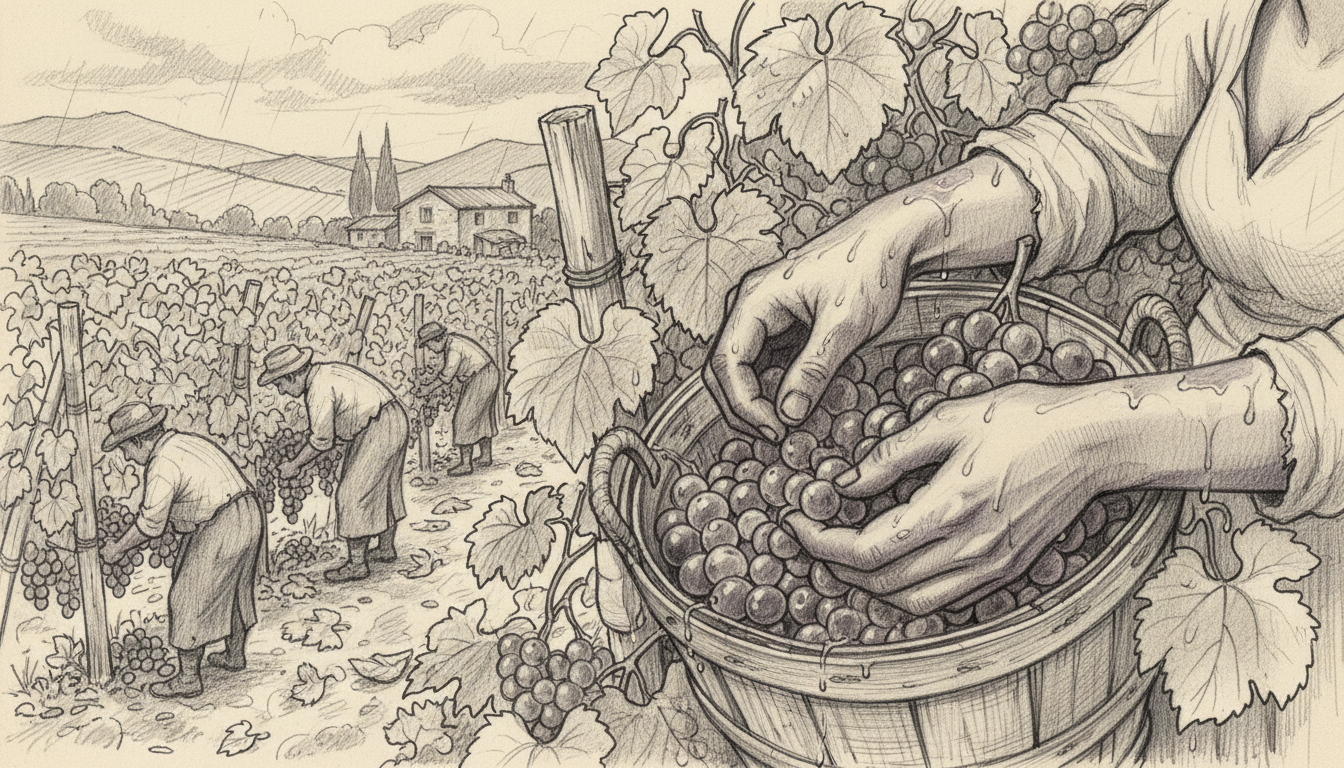 a wine harvest, everyone's hands purple