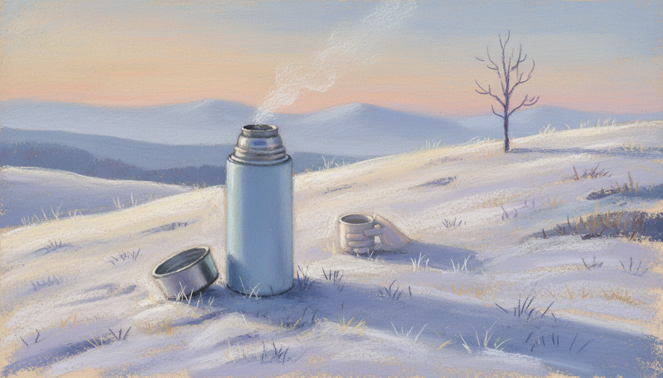 a thermos opened on a cold hillside