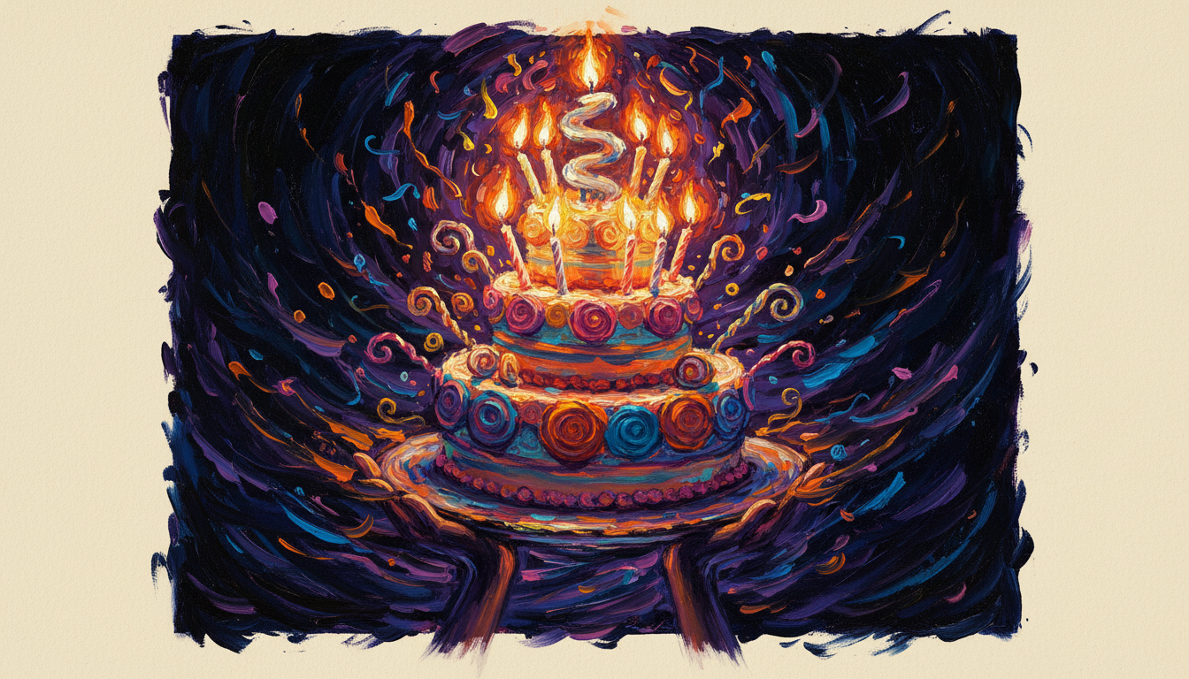 a birthday cake carried in the dark