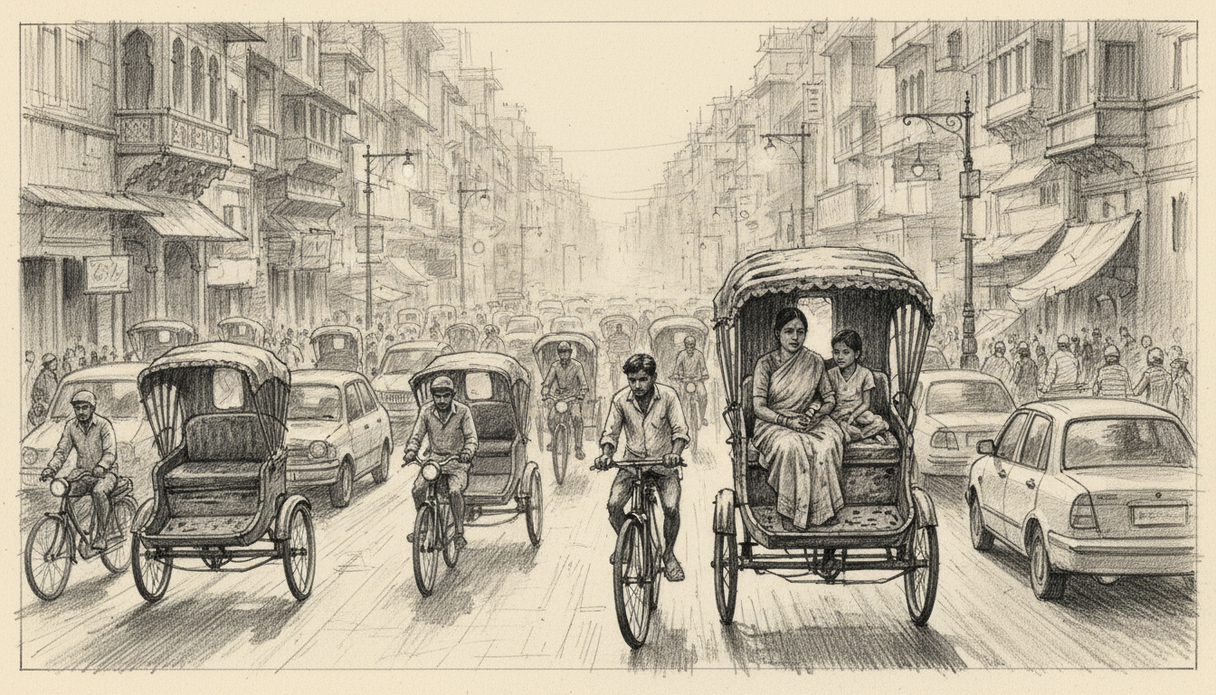 a rickshaw in evening traffic