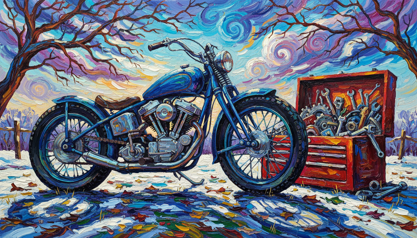 an old motorcycle and a full toolbox
