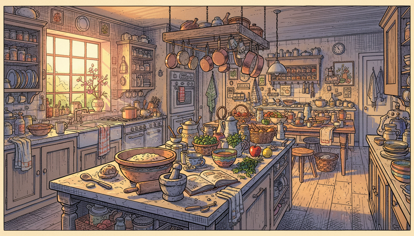 a kitchen with every surface used