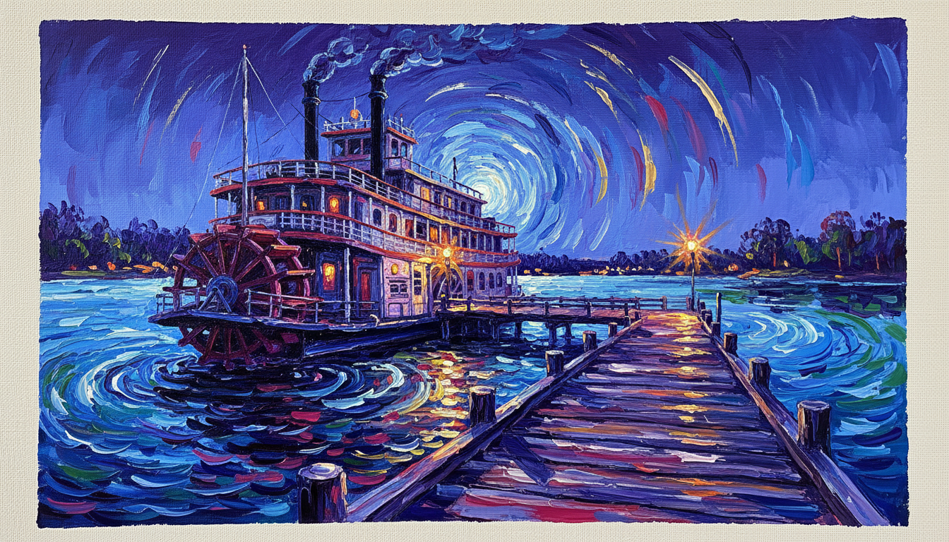 a paddle steamer at a wooden pier