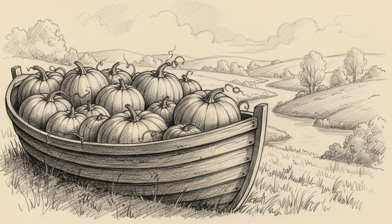 a rowboat full of pumpkins