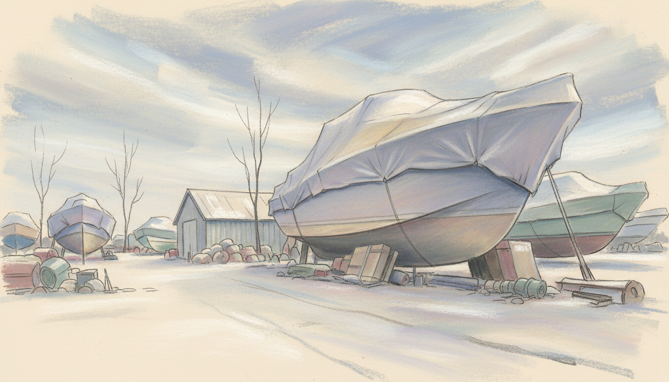 a boatyard in winter, everything covered