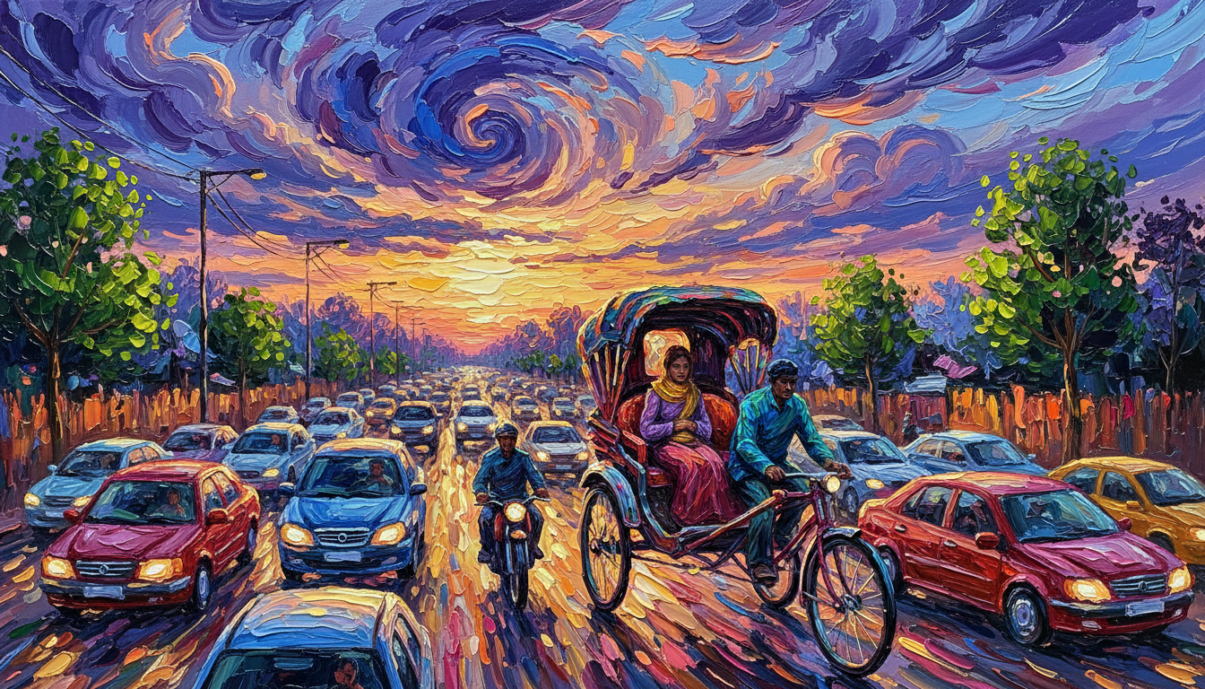a rickshaw in evening traffic