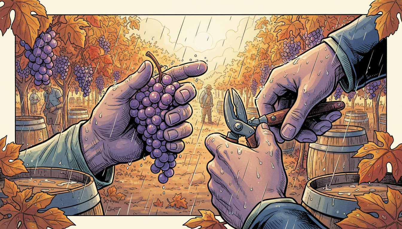 a wine harvest, everyone's hands purple