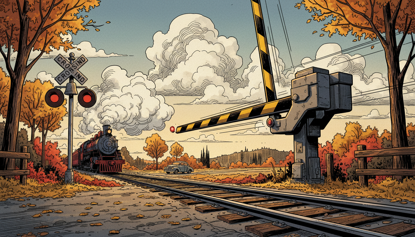a level crossing with the barriers down