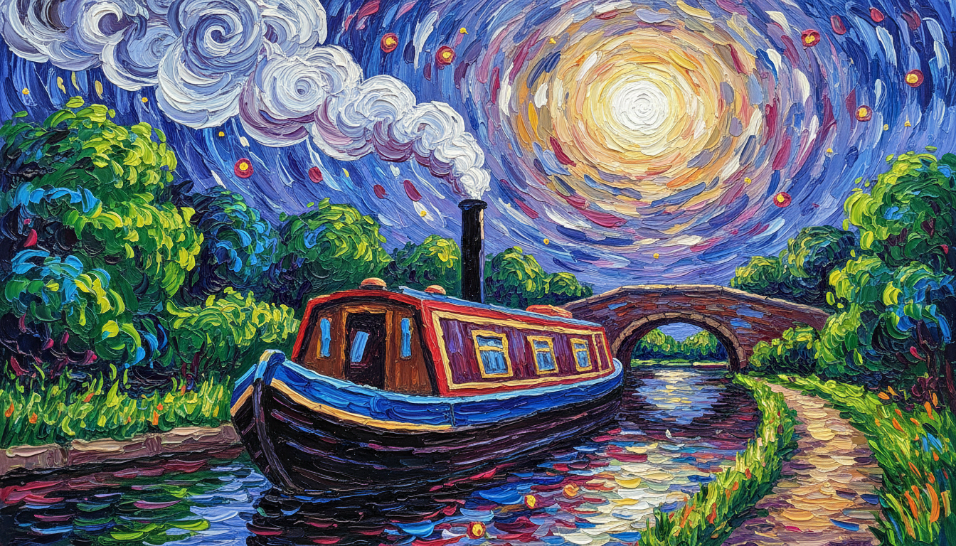 a canal boat with a chimney smoking