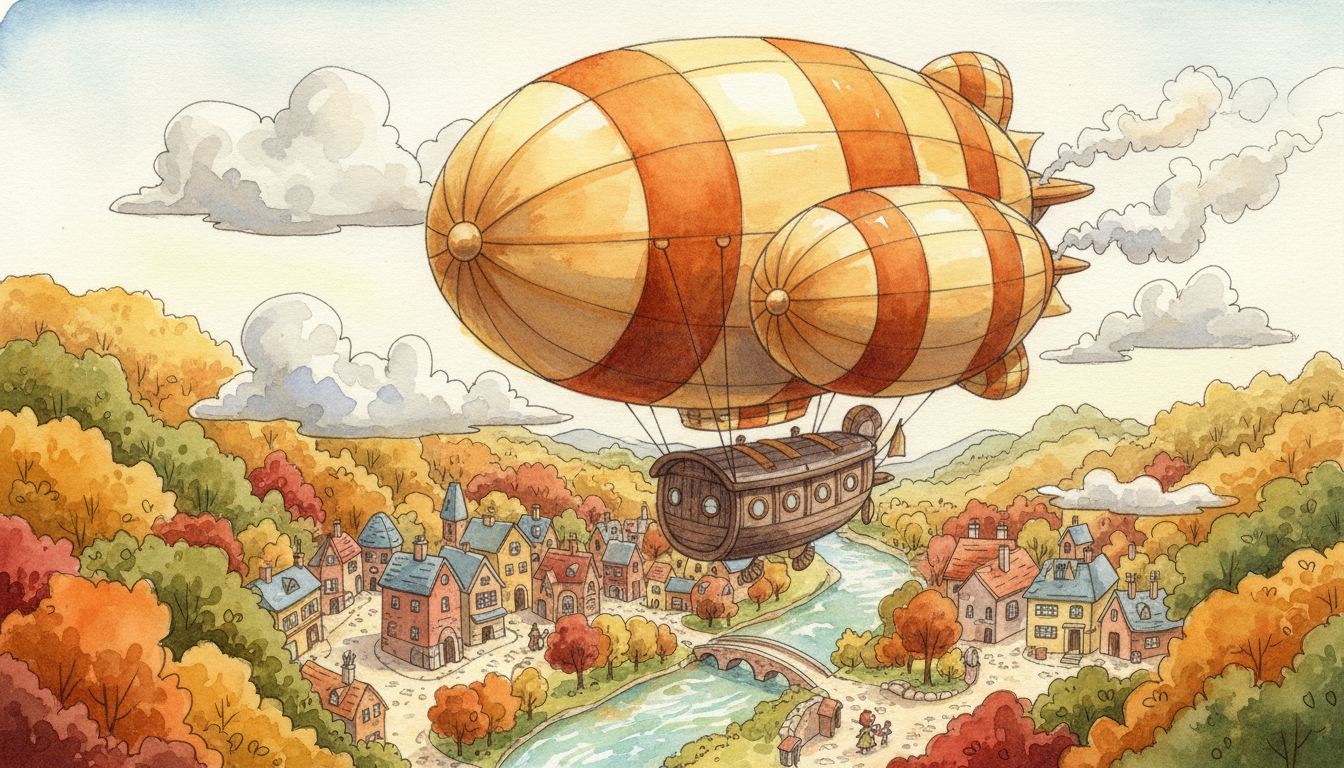 an airship over a small town