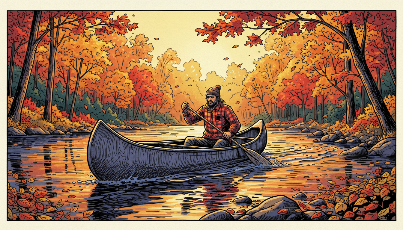 a canoe on a river in autumn