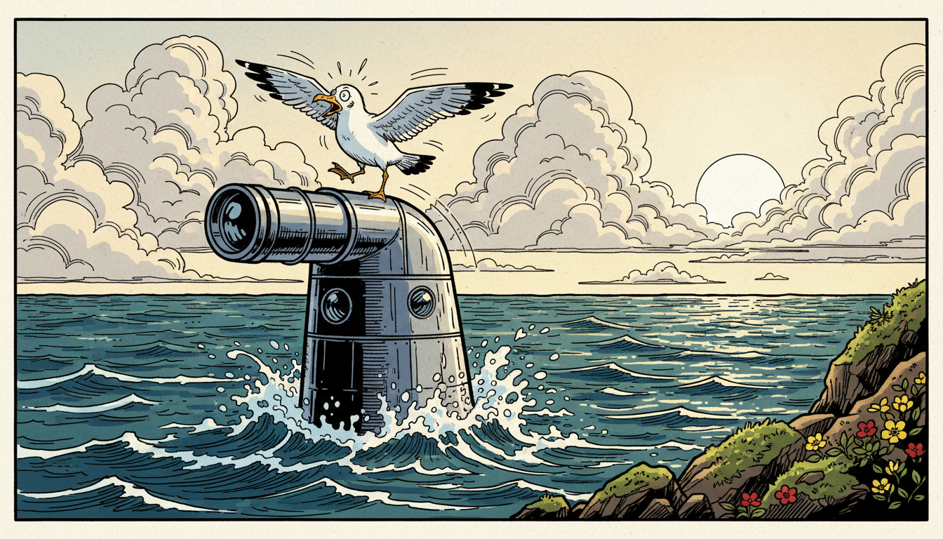 a submarine's periscope and a very surprised gull